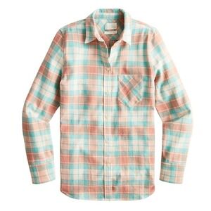 J.Crew Flannel Shirt Womens 2 Pink Teal Blush Plaid Classic Fit Button Up Preppy